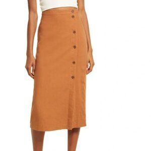 Treasure & Bond | Linen Blend Button Front Midi Skirt in Tan Thrush | Medium